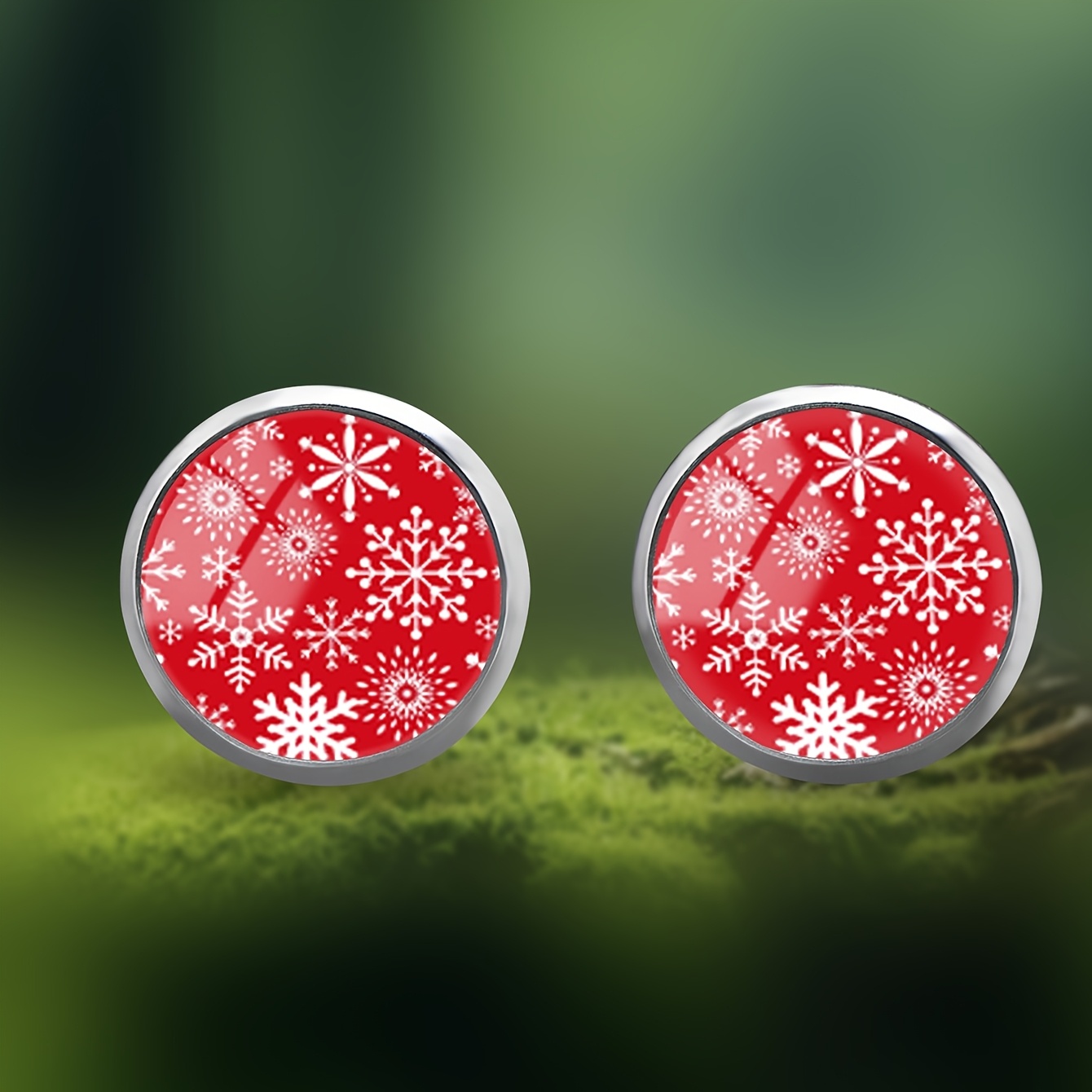 Women's Red Snowflake Patterned Stainless Steel Stud Earrings